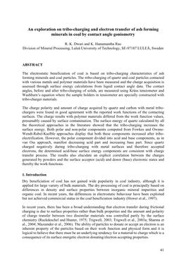 An Exploration on Tribo-Charging and Electron Transfer of Ash Forming Minerals in Coal by Contact Angle Goniometry