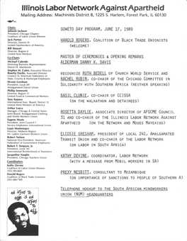 Illinois Labor Netvvorkagainstapartheid Mailing Address: Machinists District 8, 1225 S