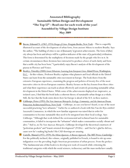 Annotated Bibliography Sustainable Urban Design and Development “The Top 52” – Read One for Each Week of the Year! Assembled by Village Design Institute May 2009