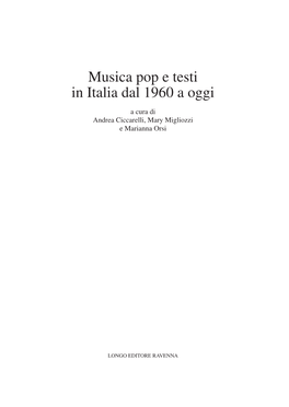 Musica Pop E Testi in Italia Dal 1960 a Oggi