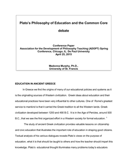 Plato's Philosophy of Education and the Common Core Debate