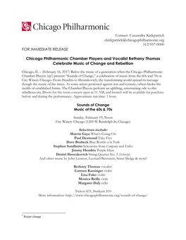 Contact: Cassandra Kirkpatrick Ckirkpatrick@Chicagophilharmonic.Org 312-957-0000 for IMMEDIATE RELEASE