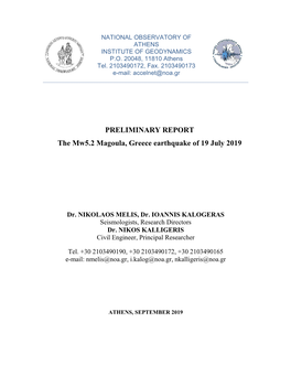 PRELIMINARY REPORT the Mw5.2 Magoula, Greece Earthquake of 19 July 2019