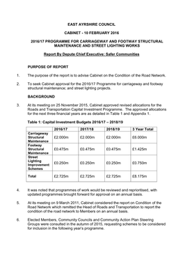 2016-17 Programme for Carriageway and Footway Structural