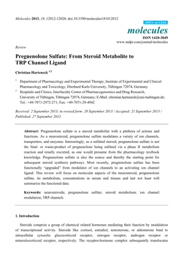 Pregnenolone Sulfate: from Steroid Metabolite to TRP Channel Ligand