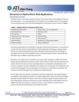 Zirconium in Hydrochloric Acid Applications