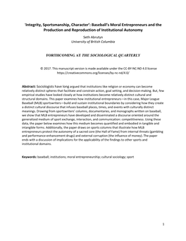 'Integrity, Sportsmanship, Character': Baseball's Moral Entrepreneurs and the Production and Reproduction of Institutional