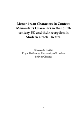 Menander's Characters in the Fourth Century BC and Their Reception in Modern Greek Theatre