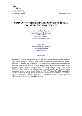 Community Fisheries Management (CFM): Future Consideration For