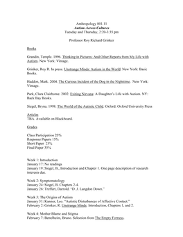 Autism Across Cultures Tuesday and Thursday, 2:20-3:35 Pm