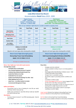 Lady Elliot Island Eco Resort Accommodation Retail Rates 2019 - 2020