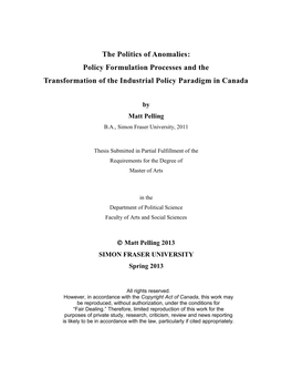 The Politics of Anomalies: Policy Formulation Processes and the Transformation of the Industrial Policy Paradigm in Canada