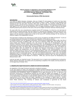 Regulatory and Licensing Models for DTT Summary of the Answers to the Questionnaire 32Nd EPRA Meeting, Belgrade, 6-8 October 2010 (Revised Version)