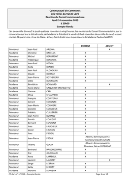 Compte-Rendu Du Conseil Communautaire Du 14 Novembre