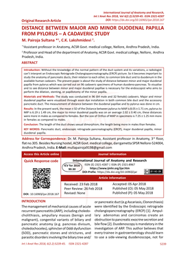 Distance Between Major and Minor Duodenal Papilla from Pylorus – a Cadaveric Study M