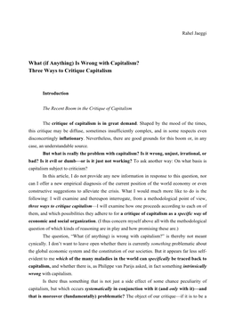 What (If Anything) Is Wrong with Capitalism? Three Ways to Critique Capitalism