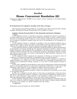 House Concurrent Resolution 221 Sponsored by Representative KOTEK (At the Request of Joint Committee on the Second Special Session of 2020)