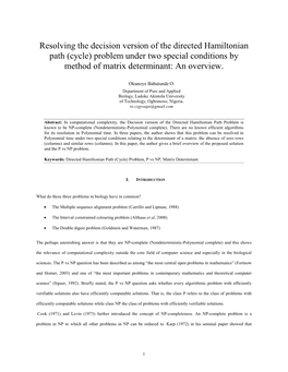 Resolving the Decision Version of the Directed Hamiltonian Path (Cycle) Problem Under Two Special Conditions by Method of Matrix Determinant: an Overview