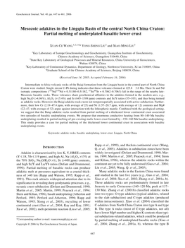 Mesozoic Adakites in the Lingqiu Basin of the Central North China Craton: Partial Melting of Underplated Basaltic Lower Crust