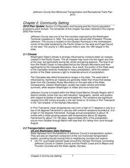 Chapter 2: Community Setting 2010 Plan Update: Section 2.3 Population and Housing and the County Population Projections Were Revised