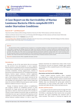 A Case Report on the Survivability of Marine Luminous Bacteria Vibrio Campbellii STF1 Under Starvation Conditions