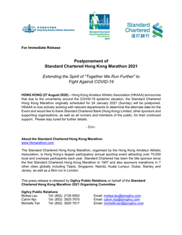 Postponement of Standard Chartered Hong Kong Marathon 2021
