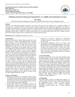 Challenges Faced by the Kaziranga National Park: As a Wildlife Tourist Destination of Assam