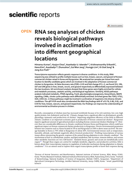 RNA Seq Analyses of Chicken Reveals Biological Pathways Involved in Acclimation Into Diferent Geographical Locations Himansu Kumar1, Hyojun Choo2, Asankadyr U
