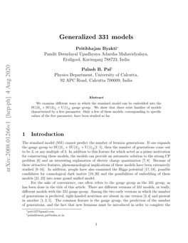 Generalized 331 Models Arxiv:2008.01266V1 [Hep-Ph] 4 Aug 2020