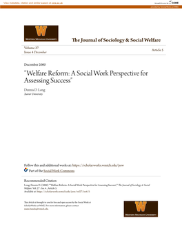 "Welfare Reform: a Social Work Perspective for Assessing Success" Dennis D