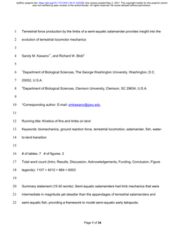 Terrestrial Force Production by the Limbs of a Semi-Aquatic Salamander Provides Insight Into The