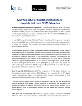 Mumtalakat, Fajr Capital and Blackstone Complete Exit from GEMS Education