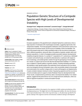 Population Genetic Structure of a Centipede Species with High Levels of Developmental Instability