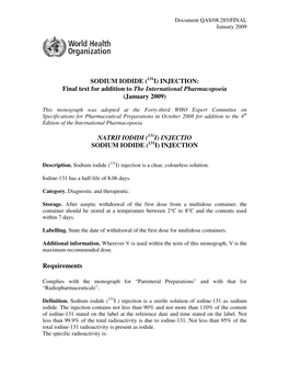 SODIUM IODIDE ( I) INJECTION: Final Text for Addition to the International