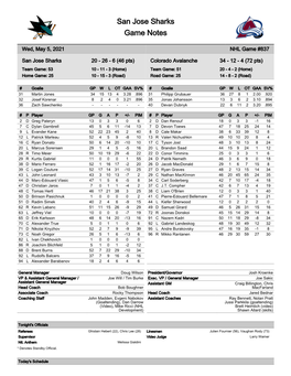 San Jose Sharks Game Notes