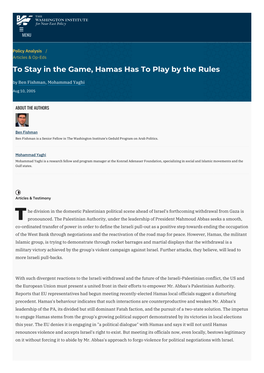 To Stay in the Game, Hamas Has to Play by the Rules by Ben Fishman, Mohammad Yaghi