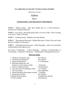 PG Diploma in Swamy Vivekananda Syllabus