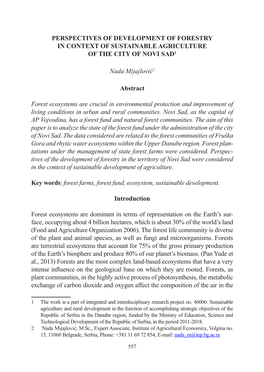 Perspectives of Development of Forestry in Context of Sustainable Agriculture of the City of Novi Sad1