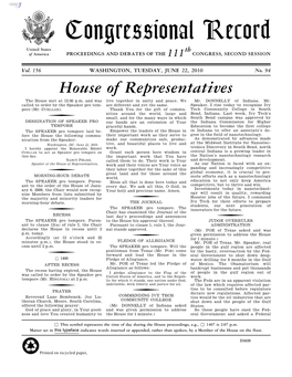 Congressional Record United States Th of America PROCEEDINGS and DEBATES of the 111 CONGRESS, SECOND SESSION