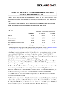 Press Release for Fiscal Year Ended March 31, 2021