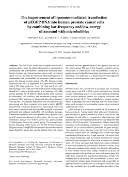 The Improvement of Liposome-Mediated Transfection of Pegfp DNA Into Human Prostate Cancer Cells by Combining Low-Frequency and Low-Energy Ultrasound with Microbubbles