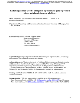 Enduring and Sex-Specific Changes in Hippocampal Gene Expression After a Subchronic Immune Challenge