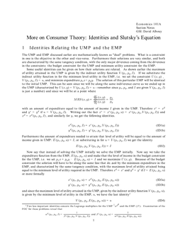 More on Consumer Theory: Identities and Slutsky's Equation