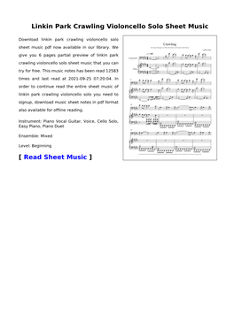 Linkin Park Crawling Violoncello Solo Sheet Music