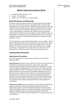 Martis Valley Groundwater Basin Bulletin 118