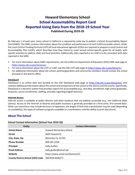 Howard Elementary School School Accountability Report Card Reported Using Data from the 2018-19 School Year Published During 2019-20