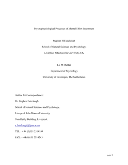 Psychophysiological Processes of Mental Effort Investment Stephen H Fairclough School of Natural Sciences and Psychology, Liverp