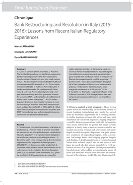 Bank Restructuring and Resolution in Italy (2015- 2016): Lessons from Recent Italian Regulatory Experiences