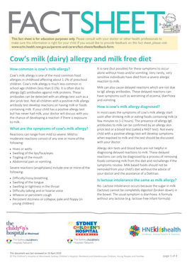 Cow's Milk (Dairy) Allergy and Milk Free Diet