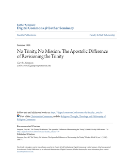 No Trinity, No Mission: the Apostolic Difference of Revisioning the Trinity Gary M